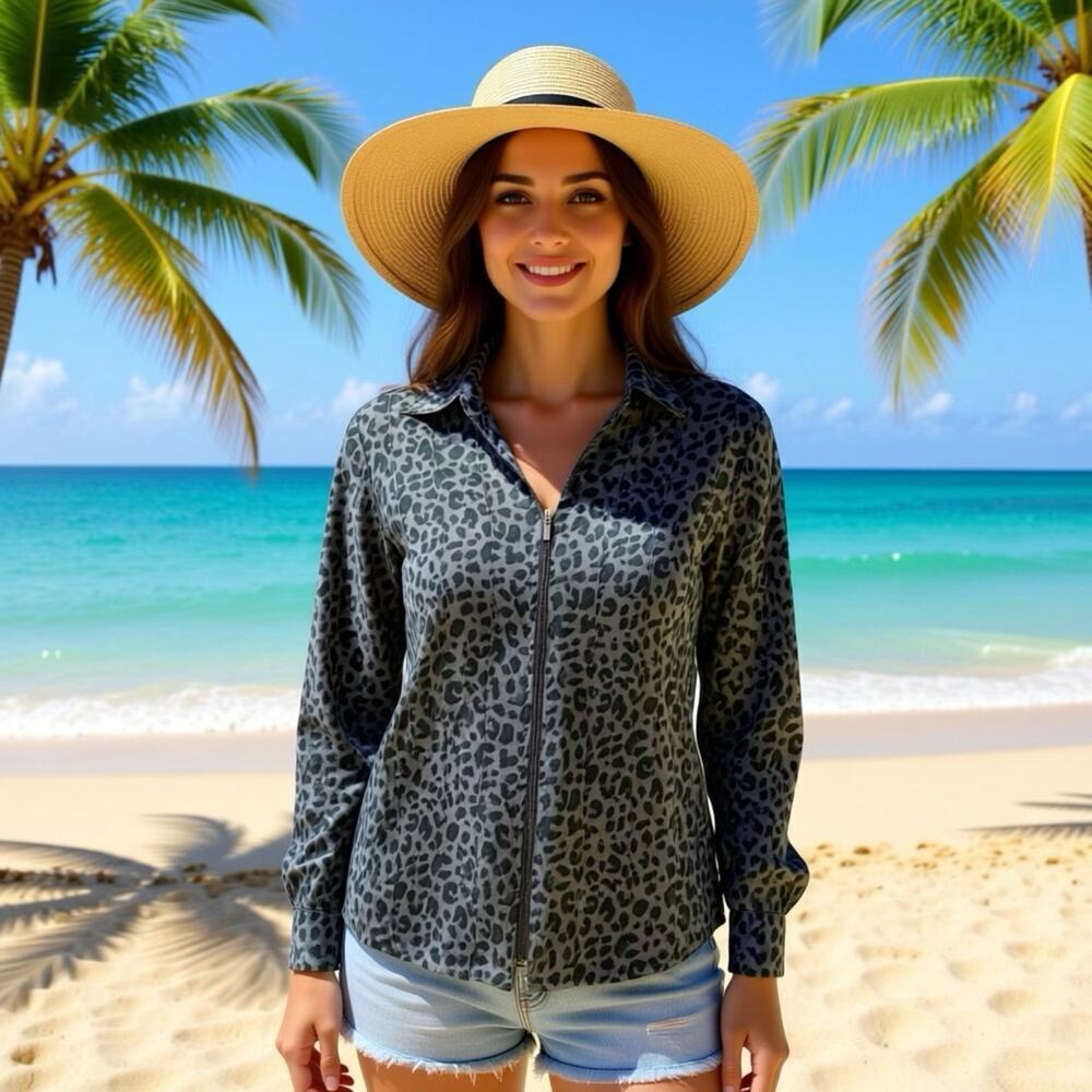 Vintage Lemon Grass Animal Print Collared Zip Up Shirt Women L